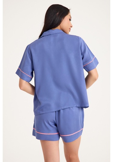 Dream Gri Mavi Viskon Kısa Kollu Şortlu Önden Düğmeli Pijama Takım Mavi