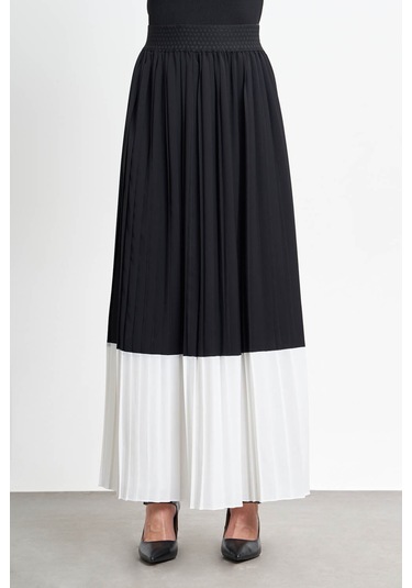 Blok Renkli Piliseli Siyah-ekru Etek 001