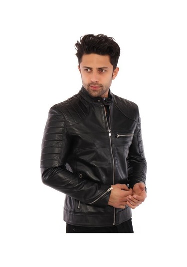 Hakiki Deri Siyah Erkek Deri Mont Omuz Çizgi Detaylı Üç Cepli Fermuarlı Deri Ceket Siyah
