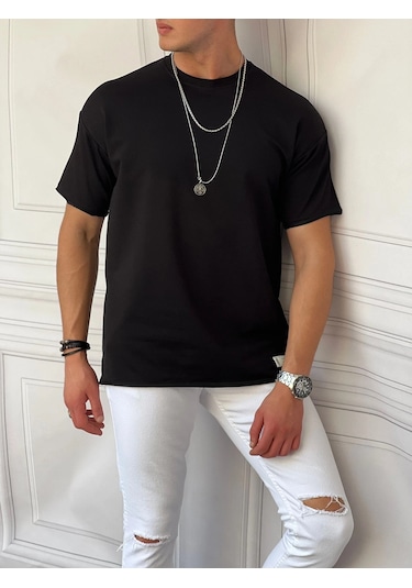 Modefendi Pamuk Likra Yırtmaç Detaylı 2 İplik Oversize Tshirt Siyah