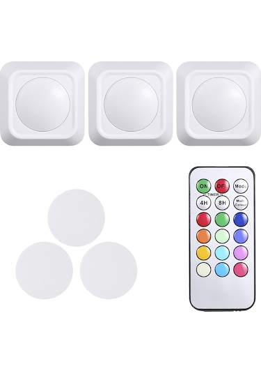 Ranyeek 3'lü Paket Rgb+beyaz Led Dolap Işığı, 4.5v 1w, Pil Beslemeli, Kablosuz, Uzaktan Kumanda, Işık Seviyesi Ayarlı, Zamanlama Fonksiyonu, Duvar/staircase/odalar İçin Beyaz