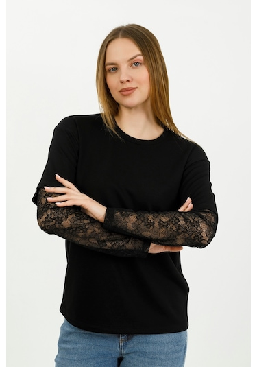 Hdm Kadın Siyah Kolu Dantelli Oversize Bisiklet Yaka Tişört - H6060
