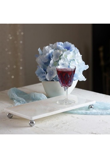 Akayev Mermer Beyaz 30X15 CM Gümüş Boncuk Ayaklı Sunum Tabağı