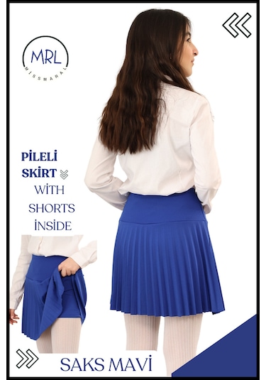 Kız Çocuk Mavi Pileli Etek Yüksek Bel Içi Şortlu Dalgıç Kumaş Okul-oyun-spor- Etkinlik 4103 Mavi