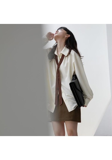 Gri Sonbahar Minimalist Uzun Kollu Düğme Yukarı Gömlek Kadın Kore Tarzı Katı Kravat Büyük Boy Gömlek Bluz Gevşek Elbise Tops Gri