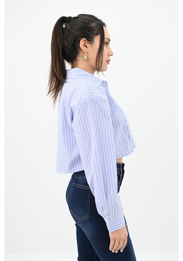 Koza Butik Kadın Çizgili Mavi Crop Gömlek 1738-24 001