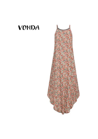 Kırmızı Vonda Yaz Kadın Boyundan Bağlamalı Kolsuz Çiçek Baskılı Askı Düzensiz Etek Maxi Elbise Kırmızı