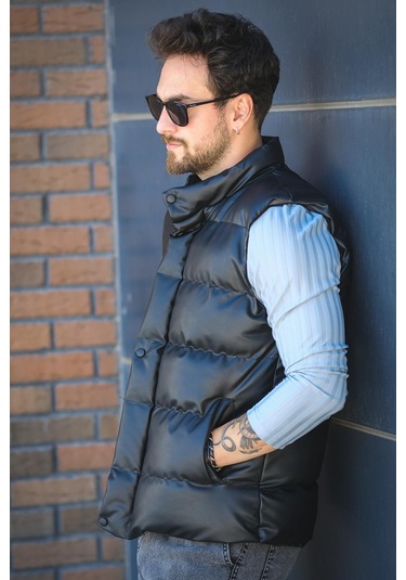 Oxfo Suya Dayanıklı Cepli Dik Yaka Erkek Şişme Deri Yelek Siyah