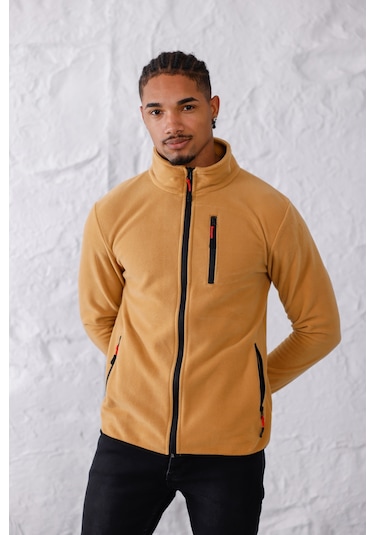 Monox Erkek Biyeli Fermuarlı Spor Polar Ceket Camel