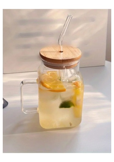 Borosilikat Cam Kupa 650 Ml Bambu Kapaklı Ve Cam Pipetli Isıya Dayanıklı Bardak Şeffaf