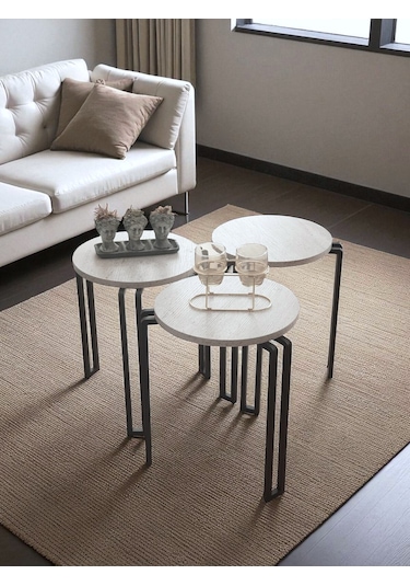 Zigon Sehpa Metal Ayaklı Beyaz Ahşap Yuvarlak Misafir Sehpası 3'lü