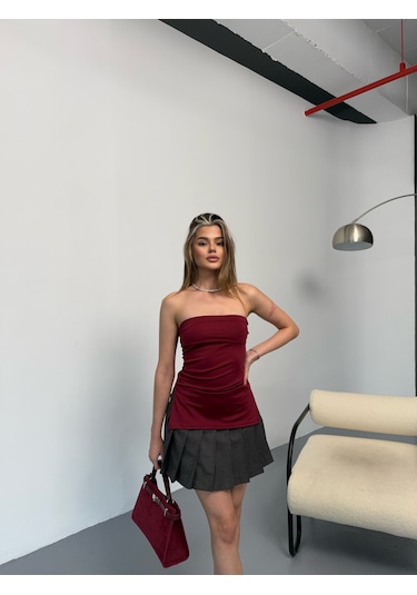 Kadın Straplez Bluz Bordo