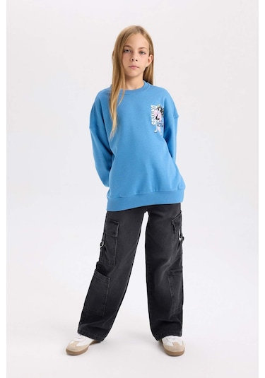 DeFacto Kız Çocuk Relax Fit Bisiklet Yaka Sırt Baskılı Sweatshirt D6496A8NSBE765 Mavi