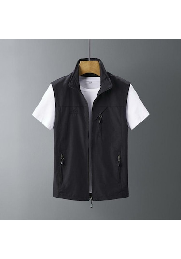 Büyük Beden Erkek İlkbahar Yaz Açık Hava Yeleği Günlük Balıkçılık Yeleği Dik Yaka Kolsuz Ceket Siyah