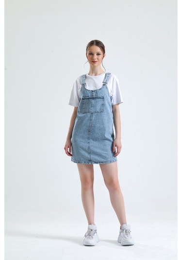 Shevega Kadın Mavi Kanguru Cep Bahçevan Kot Elbise Mavi