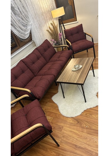 Modern Modern Style Home Modern Erciyes Balkon, Bahçe, Cafe - Metal Kanepe Koltuk Takımı - 3+1+1 Sehpa Bordo Modern3bs Bordo