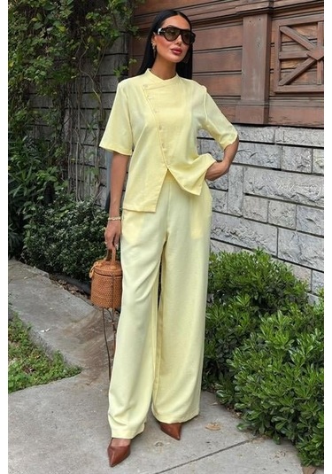 Sensuelle Hakim Yaka Çapraz Düğmeli Plazzo Pantolon Viscon Keten Takım 10209 Altın