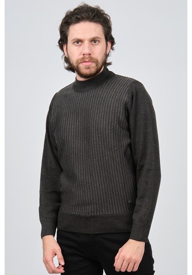 Çizgi Triko Erkek Yarım Balıkçı Çizgi Desenli Kazak 42564234 Koyu Koyu Gri