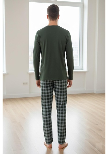 Erkek İnterlok Rahat Kalıp Sıfır Yaka Pamuk Pijama Takımı 6779 Haki