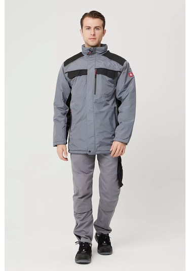 Kışlık Su Geçirmez İş Güvenliği Mont Allium Ripstop Parka Rüzgar Havalara Uygun Gri-siyah