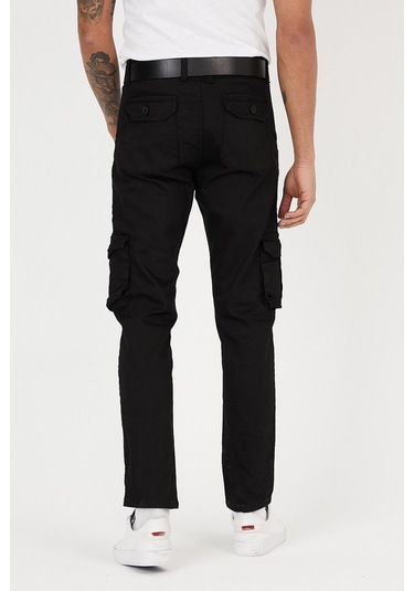 Siyah Renk Körüklü Paçası Lastiksiz Kargo Pantolon Siyah