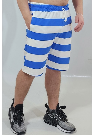 Mavi Çizigili Pamuklu Şort Beyaz - Mavi