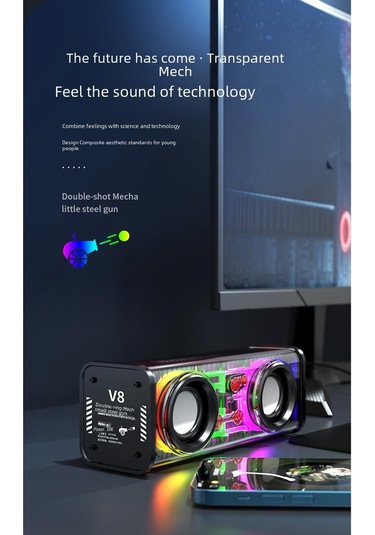 V8 Şeffaf Mecha Mini Bluetooth Hoparlör Subwoofer'lı
