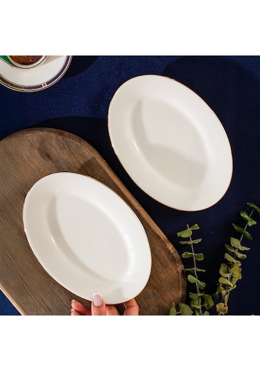 Porsima 4444 Gardenya Porselen Altın Fileli Kayık Tabak Seti - Oval Kahvaltılık Sunumluk Seti 20cm Beyaz