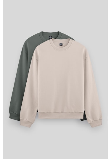 Tommy Life Standart Fit Basic O Yaka 2li Paket Bej-çağla Erkek Sweatshirt - 88053 Bej - Haki