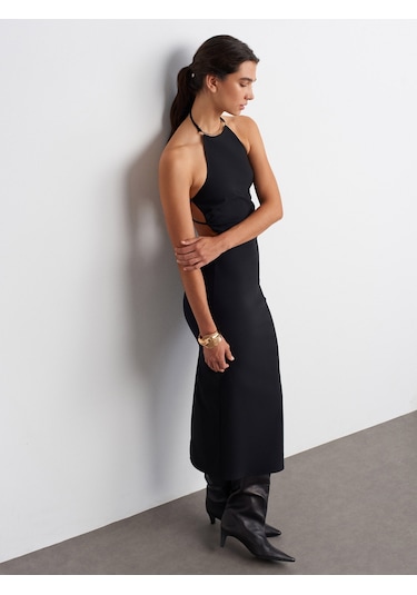 Dilvin 91518 Halter Yaka Midi Elbise-siyah Siyah