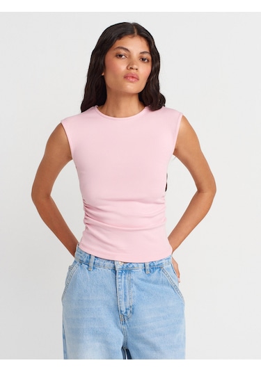 Dilvin 21054 Büzgülü Basic T-shirt-toz Pembe Toz Pembe