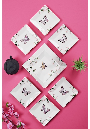 Piatti Naturali İkram Seti Kelebek Çift Katlı Sunum Tabağı & 6 Lı Tatlı Tabağı