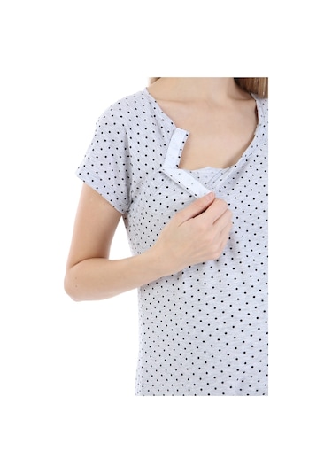 Luvmabelly Myra9582 Yandan Çıt Çıtlı Hamile Geceliği - Siyah Puantiyeli - Gri-gri