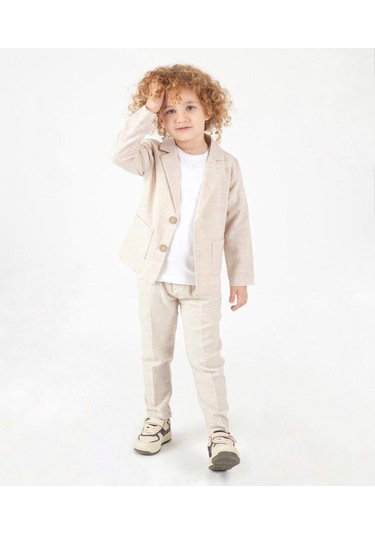Ceketli Tişörtlü Erkek Çocuk Keten Damatlık Takım M00714 Bej