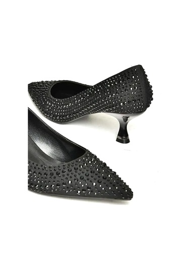 Beyaz Rina Damla Taşlı Topuklu Kadın Ayakkabı Siyah Siyah