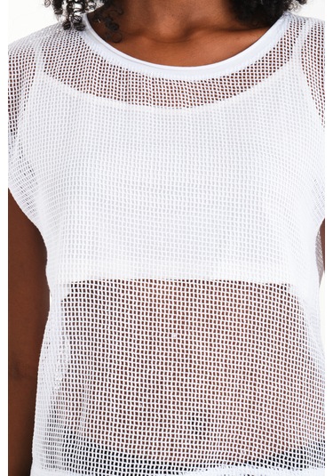 Uzun Kol Kare File Bluz Beyaz