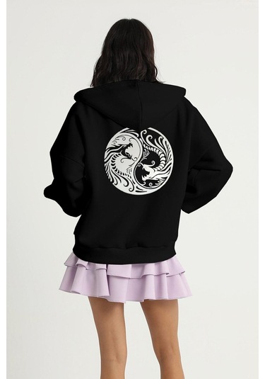 Ying Yang Hırka - Siyah Baskılı Oversize Kapüşonlu Siyah