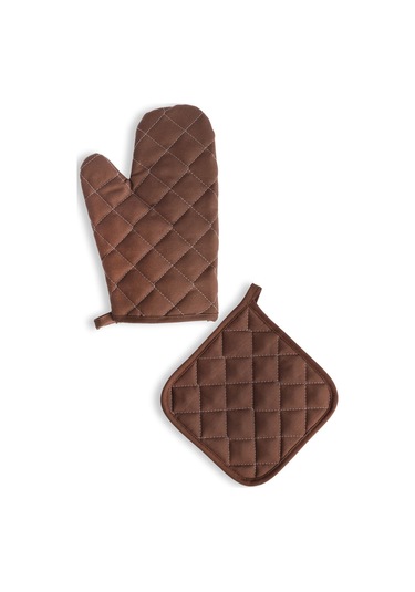 Yanmaz Fırın Eldiveni Ve Fırın Tutacağı 1 Eldiven 1 Tutacak Kahverengi