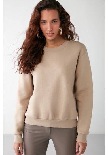 Vaneltına  Kadın Içi Polarlı 3 Iplik Organik Pamuk Oversize Basic Bisiklet Yaka Vizon Sweatshirt