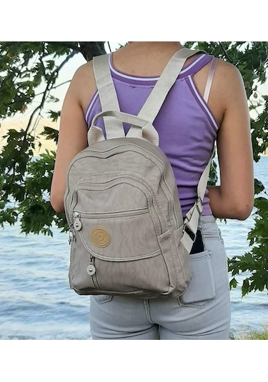 Fiyra S1 Vizon Renk Krinkıl Kumaş Dört Bölmeli Bayan Sırt Çantası-Vizon-Std