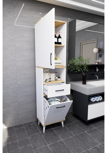 Lula Çok Amaçlı Dolap Banyo Dolabı Kirli Çamaşır Sepeti Dolabı Beyaz Beyaz