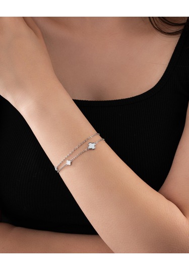 925 Ayar Rodyum Beyaz Mineli İki Sıralı Yonca Charm Gümüş Bileklik Gümüş - Rodyum