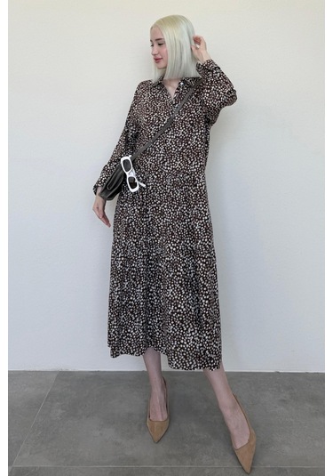 Madmext Kahverengi Uzun Kollu Düğmeli Desenli Elbise Mg2431 Kahverengi