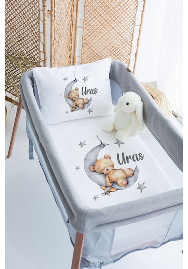 Lilabio %100 Pamuk Saten İsme Özel İsimli 70x120 Park Yatak Nevresim Seti Ayda Uyuyan Ayıcık