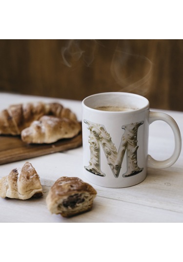 M Harfi Bardak, Monogram 330 Ml Barok Oymalı Görünüm Beyaz