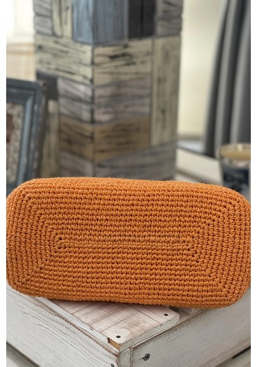 El Yapımı Pastel Turuncu Renk Basic Örgü El Çantası Kağıt İp Turuncu