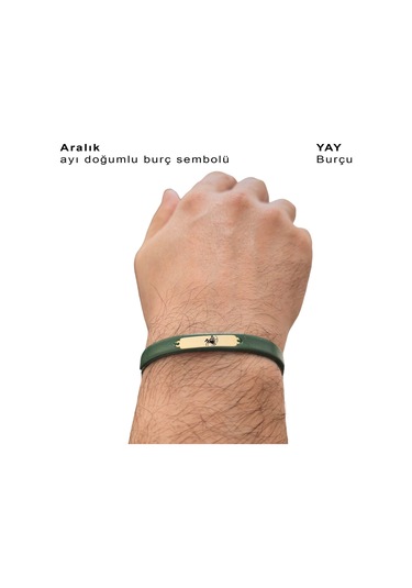 Archin Yay Burçlarına 14 Ayar Altın Plakalı Dikdörtgen Motifli Yeşil Derili Hediye Bileklik-371burç Yay