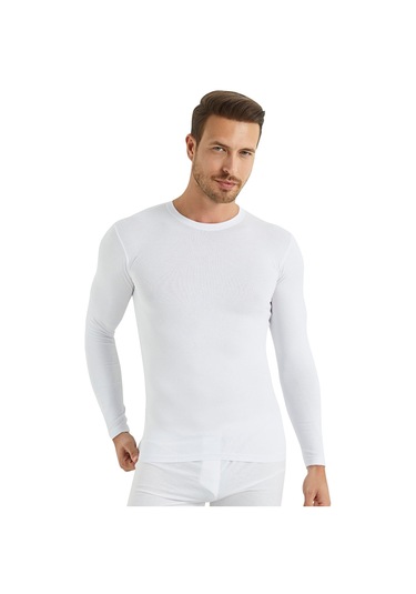 Beyaz Erkek Regular Fit Bisiklet Yaka Uzun Kollu Tişört 2'li Paket %100 Pamuk Beyaz