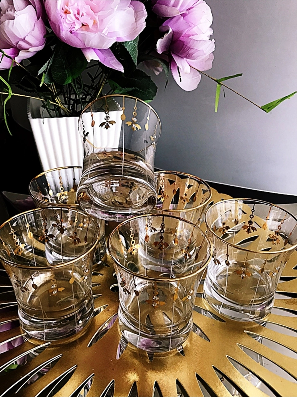 Gold Lale Taşlı Su Bardağı 6 Adet Gold