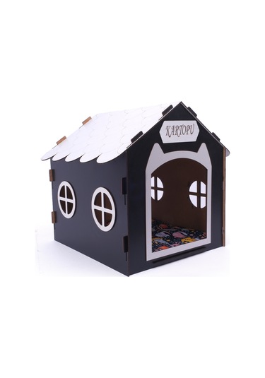 Ahşap Özel İsim Baskılı Dekoratif Kedi Evi-kulübesi, Kediler İçin Kulübe, Kedi Kulübesi Siyah